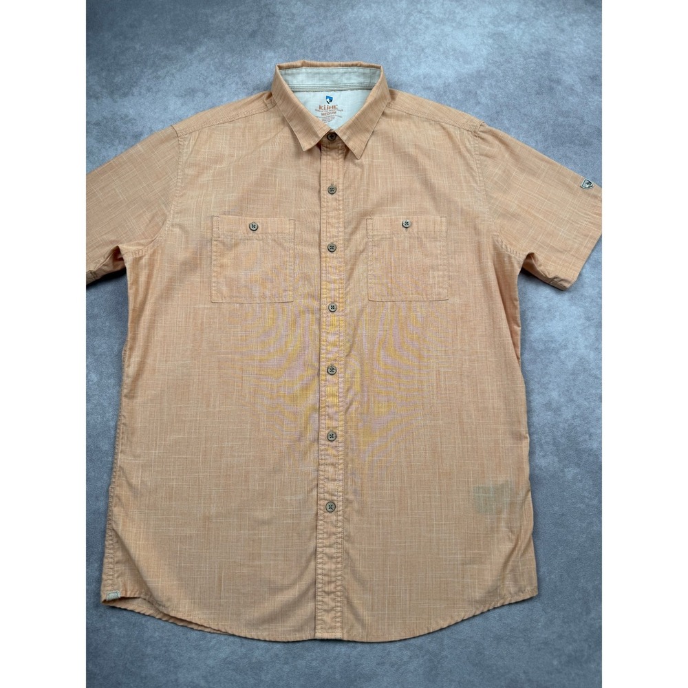 Kuhl Men M Short Sleeve Button Shirt Light Orange Peach Hike Camp Outdoor Casual